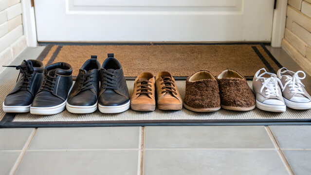Co-Living Cohousing Shared Four pairs of casual shoes neatly lined up on a doormat by a front door.