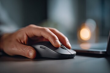 Close-up of a hand using a gray computer mouse on a desk