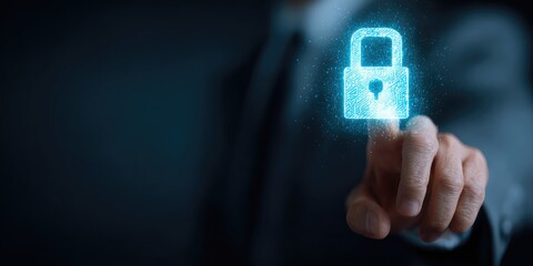 A hand points at a digital lock icon