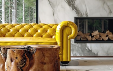 Vibrant yellow leather chesterfield sofa, a unique wooden coffee table, and a modern fireplace.