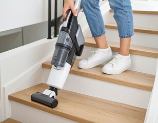 A woman vacuums wooden stairs with a modern cordless vacuum cleaner at home.