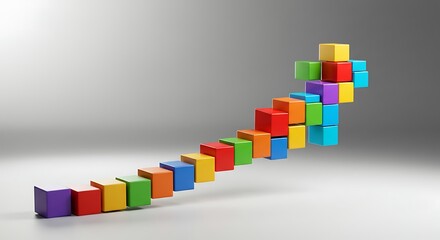 A conceptual arrow graph made from colorful building blocks ascends upwards, symbolizing strategic growth, business progress, and success