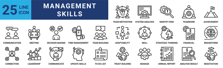 Fototapeta premium Management skills icon set. Containing advice, meeting, decision, update skills, team, adaptability, strategy and more. Solid vector icons collection