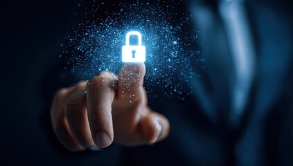A hand in a suit touches a glowing padlock symbol