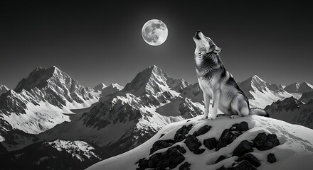 A majestic wolf howls at a full moon from a snowy mountain peak, surrounded by dramatic, snow-capped mountains under a clear night sky.