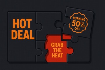 Promotional banner with HOT DEAL and Grab the Heat, featuring a burning 50% OFF discount, modern puzzle style, enticing retail offer promo.