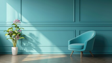 Minimalist teal room features a modern armchair and potted flowering plant