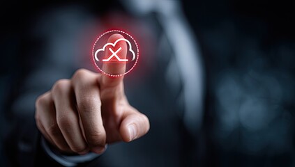 A finger touches a red, glowing cloud icon with a crossed-out symbol, suggesting a cloud storage rejection or error