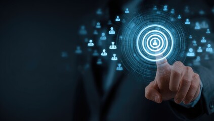 Businessperson touches a glowing digital target icon surrounded by user icons