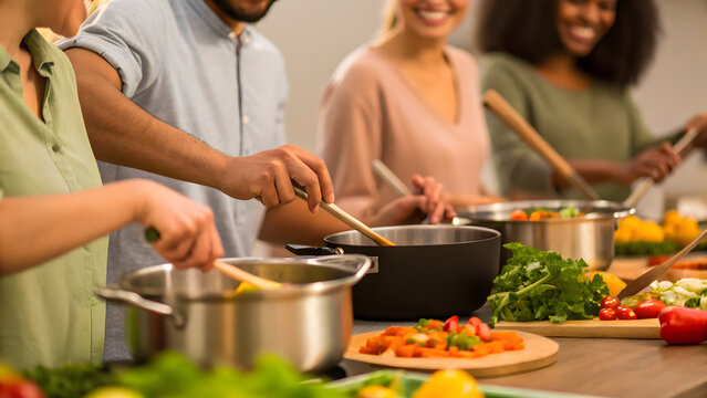 Co-Living Cohousing Shared Group of people cooking together in a kitchen, preparing fresh and healthy meals with vegetables.
