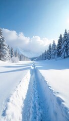 Obraz premium A pristine, snow-covered landscape stretches to a silent horizon, untouched and serene; perfect stillness, a winter wonderland of absolute quietude , horizon, nature