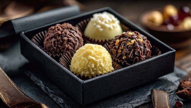 Gourmet chocolate truffles in a black box