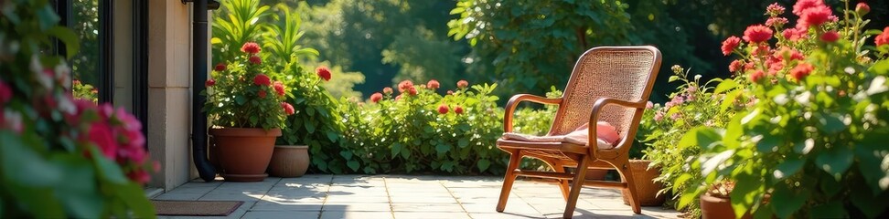 A rustic cane chair sits on a sun-drenched patio, surrounded by lush greenery and vibrant summer blooms Perfect for summer vibes and relaxing outdoor scenes , warm, wicker