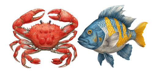Detailed Illustration of Crab and Fish Isolated on Transparent Background