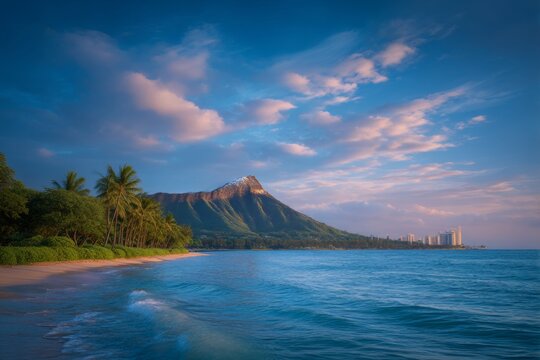 Diamond Head Crater View at Waikiki Beach Oahu Hawaii Scenic Ocean Landscape