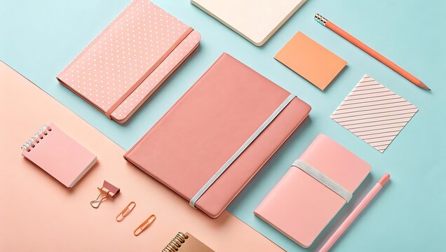 Pastel colored office supplies and stationery on a blue and pink background - Powered by Adobe