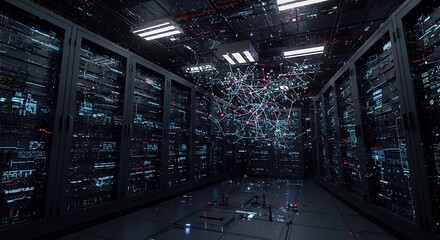 Abstract visualization of a complex neural network or artificial intelligence growing within a futuristic high-tech data center server room
