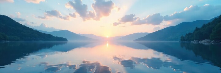 Fototapeta premium Serene Still Lake Landscape Tranquil Water Reflecting Calm Sky, Perfect for Meditation and Mindfulness Projects