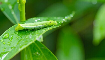 Green caterpillar on a dewy leaf, close-up