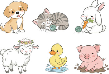 Cute baby animal cartoon set with puppy, kitten, bunny, lamb, duckling, piglet in vector illustration for children content