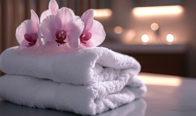Pink Orchids Resting on a Stack of White Towels
