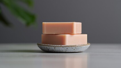 Elegant stack of natural handmade soap bars on a speckled ceramic dish offering a spa like experience and clean living