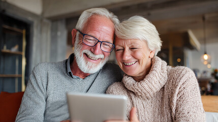 Obraz premium Happy senior couple reading documents together at home, enjoying retirement planning and financial security