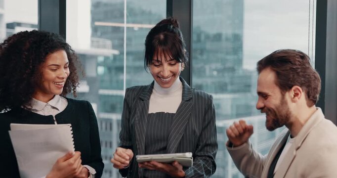 Business, celebration and people with tablet, high five and cooperation with profit increase. Happy, gesture and man with women, tech and discussion with email, bonus and support with investment deal