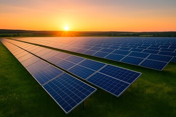 Large Solar Farm in Natural Landscape – Rows of Photovoltaic Panels on Grassy Field at Sunrise or Sunset