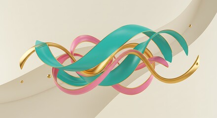 Modern abstract background with dynamic swirling ribbons in luxurious gold, pink, and turquoise. An elegant design concept for presentations or digital art