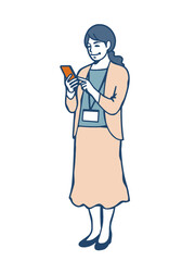 Smiling Woman in Business Casual Outfit Using Smartphone