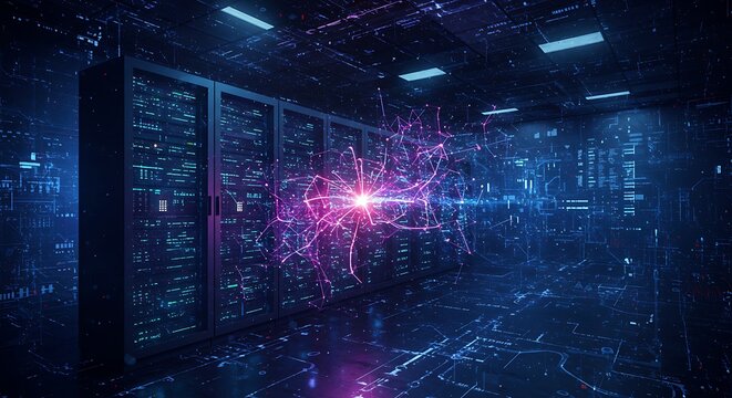Futuristic data center with glowing neural network energy visualizing high-speed information processing and artificial intelligence