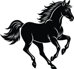 Black Horse Silhouette Running Wild with Flowing Mane and Tail Illustration on white background