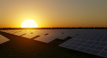 Golden sunlight illuminates a vast solar panel farm at dusk, showcasing the concept of sustainable green technology and renewable energy production