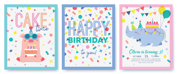 Set of Birthday greeting card with cute little pig, hippo, cakes, colorful confetti and typography design.

