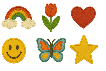 A Colorful Embroidery Collection Featuring Cheerful Symbols like Rainbows, Flowers, Hearts, and Butterflies on a Bright Background isolated on white or transparent png