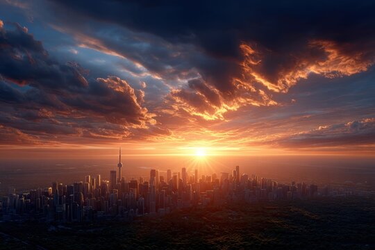 Toronto Skyline at Dramatic Sunset Aerial View Cityscape at Golden Hour