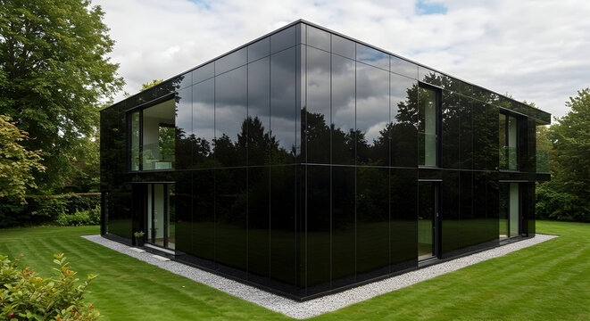 A house with a polished black glass exterior