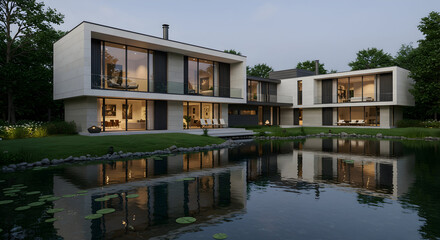 Fototapeta premium A house with a pond or small lake nearby
