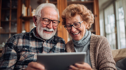 Happy senior couple reading documents together at home, enjoying retirement planning and financial security