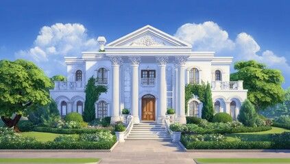 Obraz premium Grand, white mansion with classical columns, expansive lawn, and lush landscaping under a vibrant sky