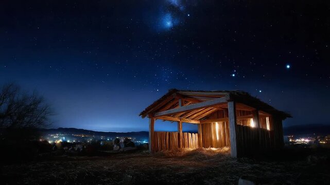 Rustic wooden shack under a starry night sky, warm light glowing inside as distant city lights twinkle on the horizon.