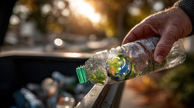 A hand places a plastic bottle with a globe design into a recycling bin, emphasizing environmental awareness and the importance of recycling.