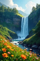A breathtaking field of cascading waterfalls, lush greenery, and vibrant wildflowers create a serene and magical landscape  Perfect for nature, travel, and environmental themes ,  magical,  scenic