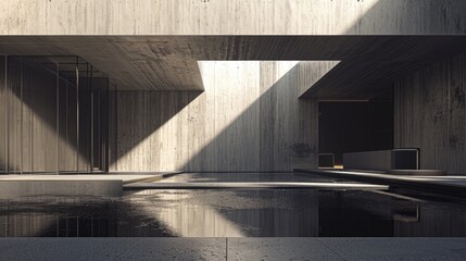 Minimalist architectural design showcasing a reflective pool within a contemporary concrete structure, bathed in sunlight.