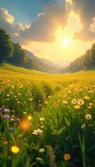 A breathtaking landscape of a sun-drenched meadow, abundantly scattered with shimmering nuggets of gold  A surreal and magical scene, perfect for fantasy or fairytale themes ,  surreal,  peaceful