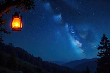 A breathtaking night sky filled with countless stars, illuminated by a warm, glowing lantern hanging gently in the darkness Perfect for travel, fantasy, and peaceful themes , texture, stars