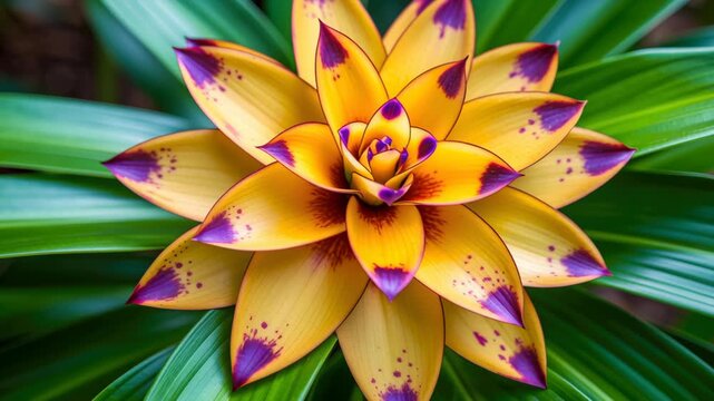 Rare flower species field with yellow petal rosette and purple tips, tropical bloom and foliage natural light, vivid color serene mood macro scene