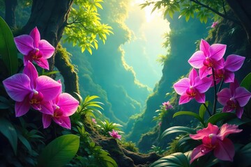 Vibrant Orchids Blooming Wild in a Lush Untamed Jungle A Breathtaking Tropical Vista Bathed in Sunlight