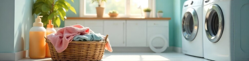 A bright, clean laundry room with a basket of freshly laundered clothes, detergent bottles, and a washing machine , organized, fresh laundry, laundry basket